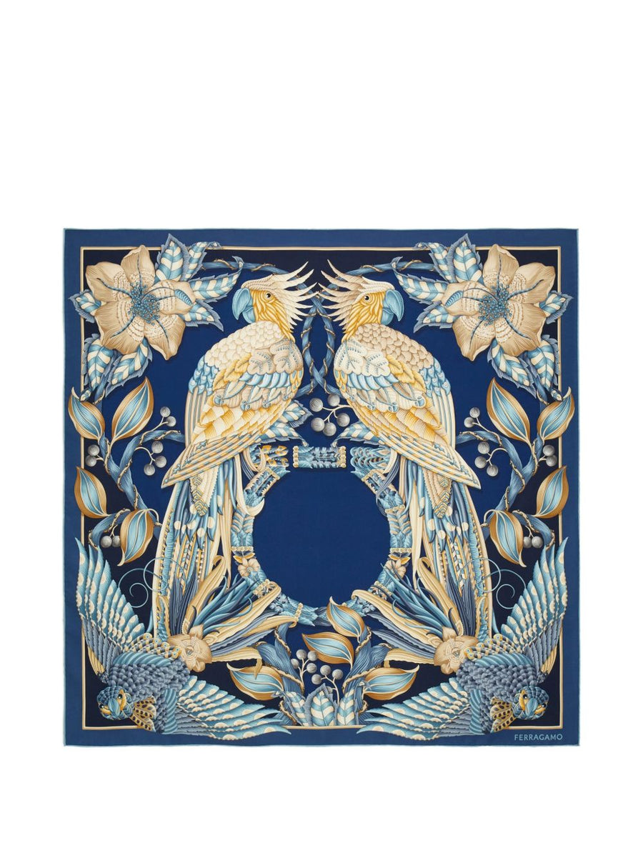 Ferragamo Parrot and Floral Silk Scarf — Navy