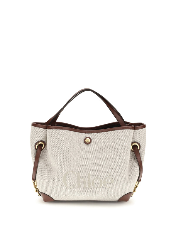 Chloé 100% cotton jacquard canvas with leather trim shoulder bag in brown