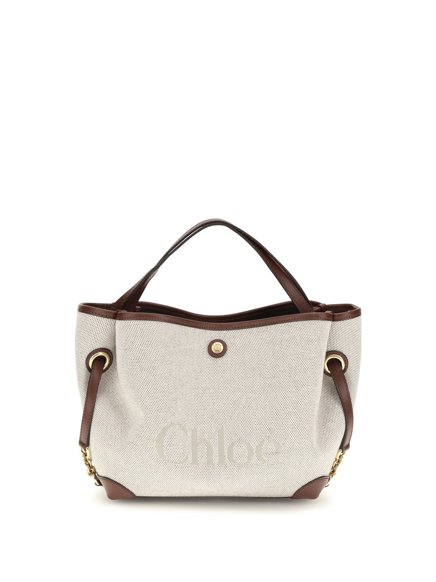 Chloé 100% cotton jacquard canvas with leather trim shoulder bag in brown