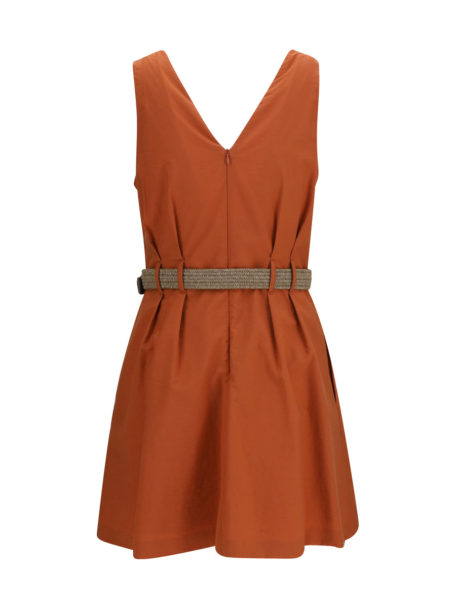 Pleated Dress With Rope Belt Tangerine Cotton