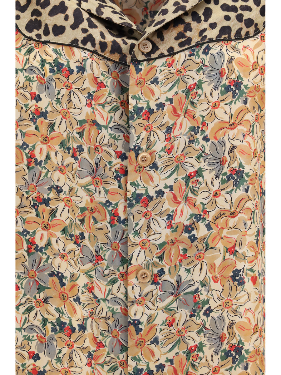 Shirt Short-Sleeve Silk Floral & Leopard Print Multicolour