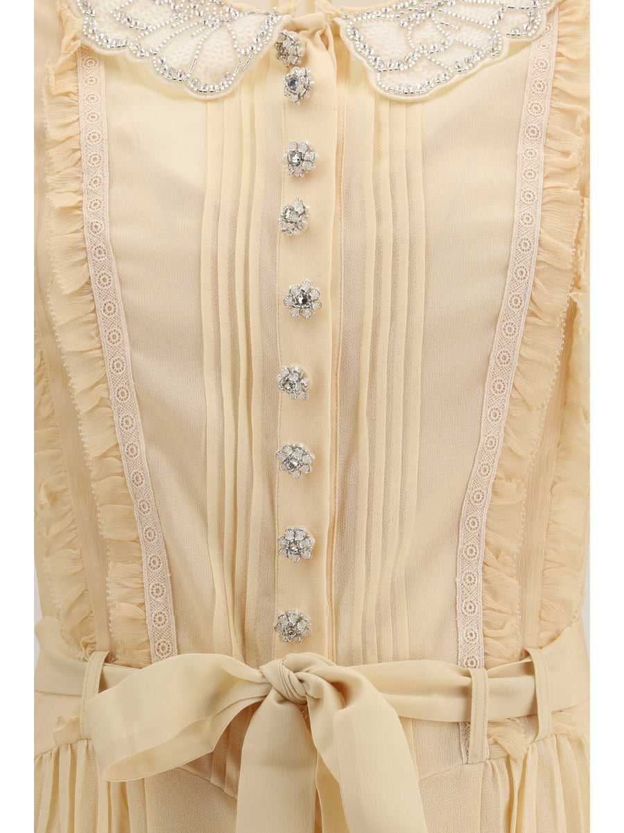 Dress Pleated Georgette Mini Tan Viscose
