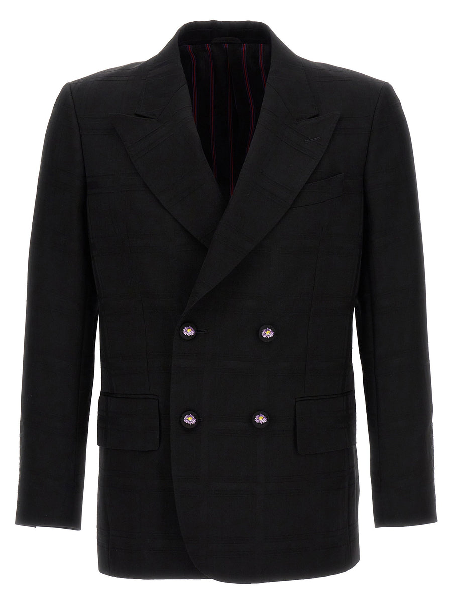 Etro Check Double-Breasted Wool Blazer — Black