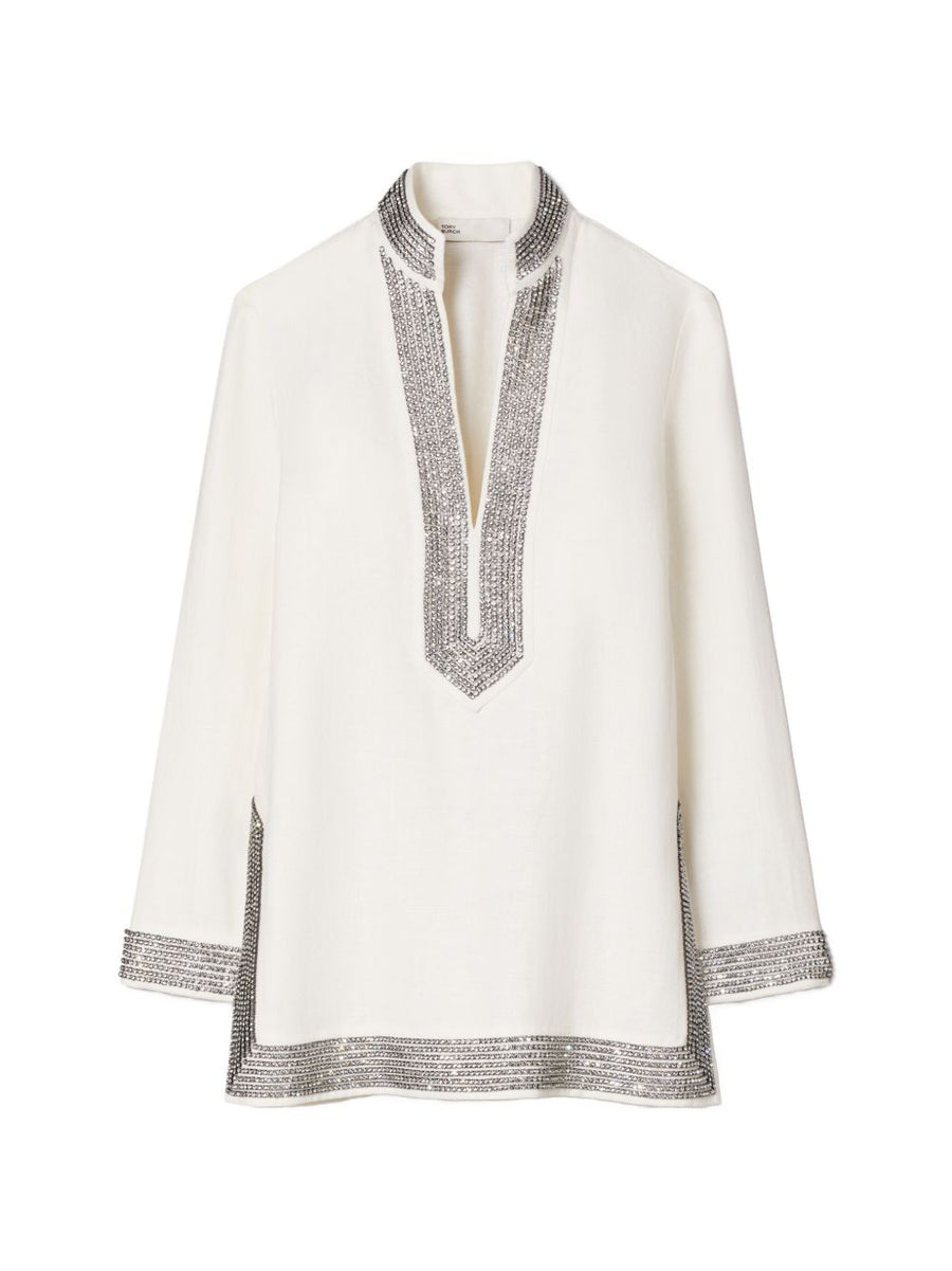 Tory Burch Crystal-Embellished Linen Tunic — Ivory