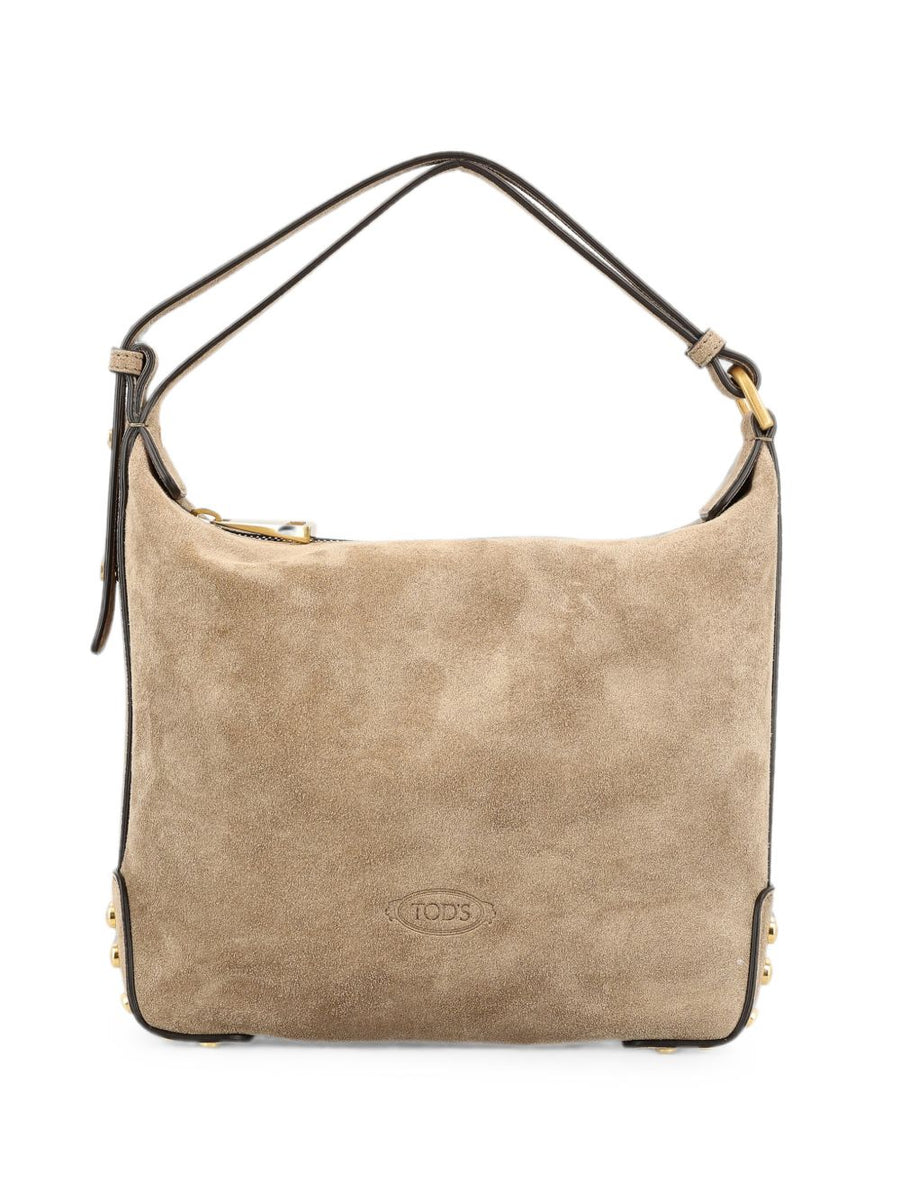 Tod'S Gommino Stud Suede Shoulder Bag — Beige