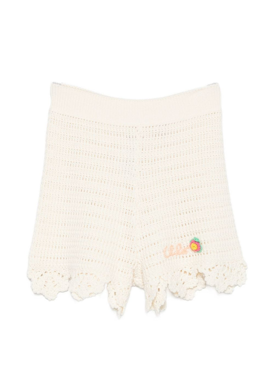 Chloé Ruffled Cotton Knit Shorts — Cream