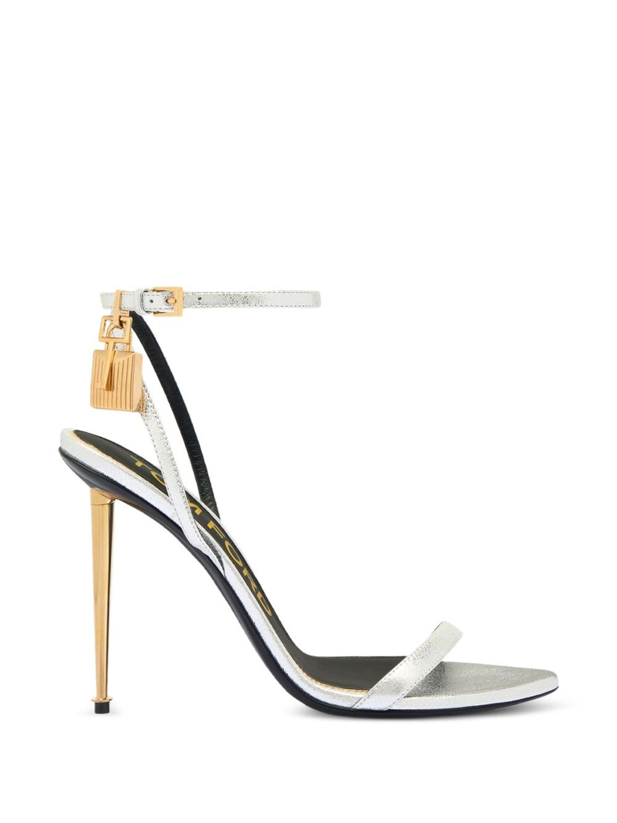 Tom Ford Metallic Leather Padlock Heel Sandal — silver