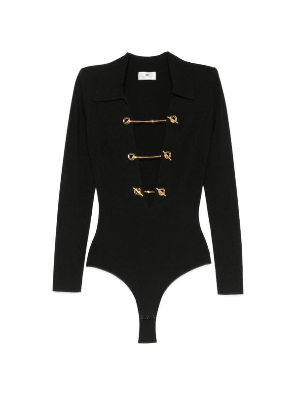 Elisabetta Franchi Gold-Chain Toggle Bodysuit — Black
