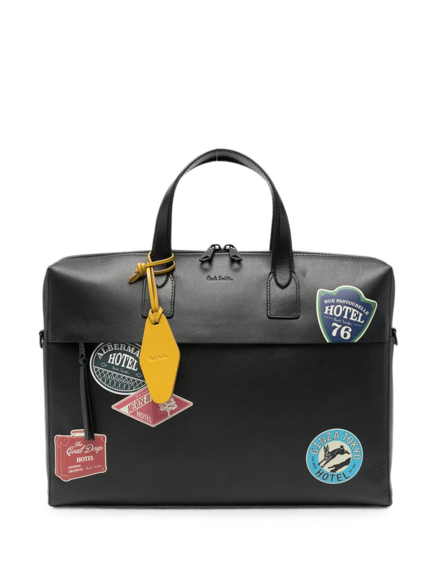 Paul Smith Hotel Patch-Print Folio Top Handle Bag — Black