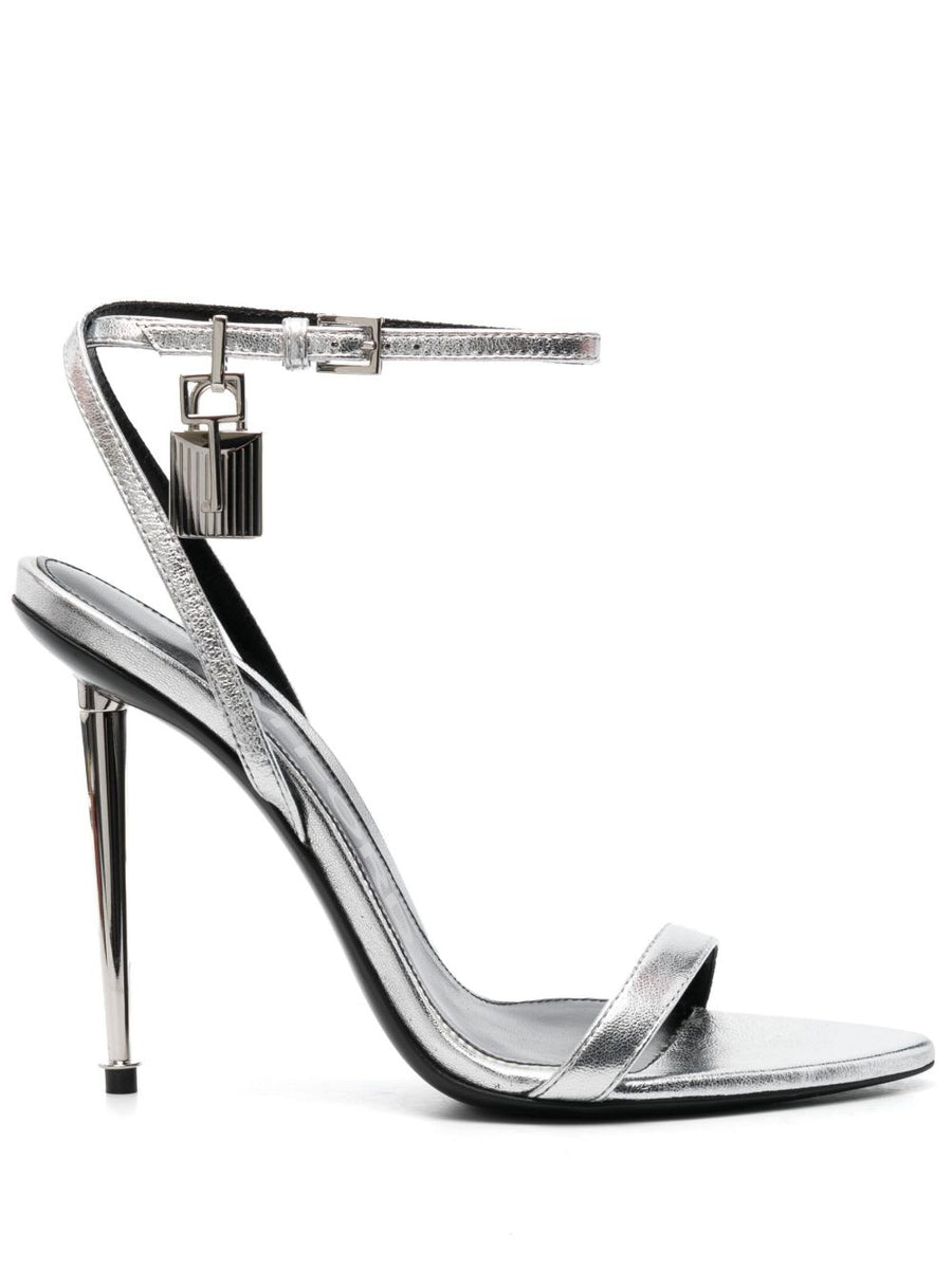 Tom Ford Padlock-Detail Metallic Calf Leather Sandal — Silver