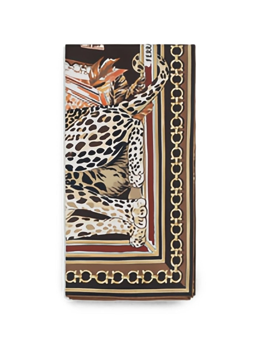 Ferragamo Leopard-Print Silk Scarf — Brown
