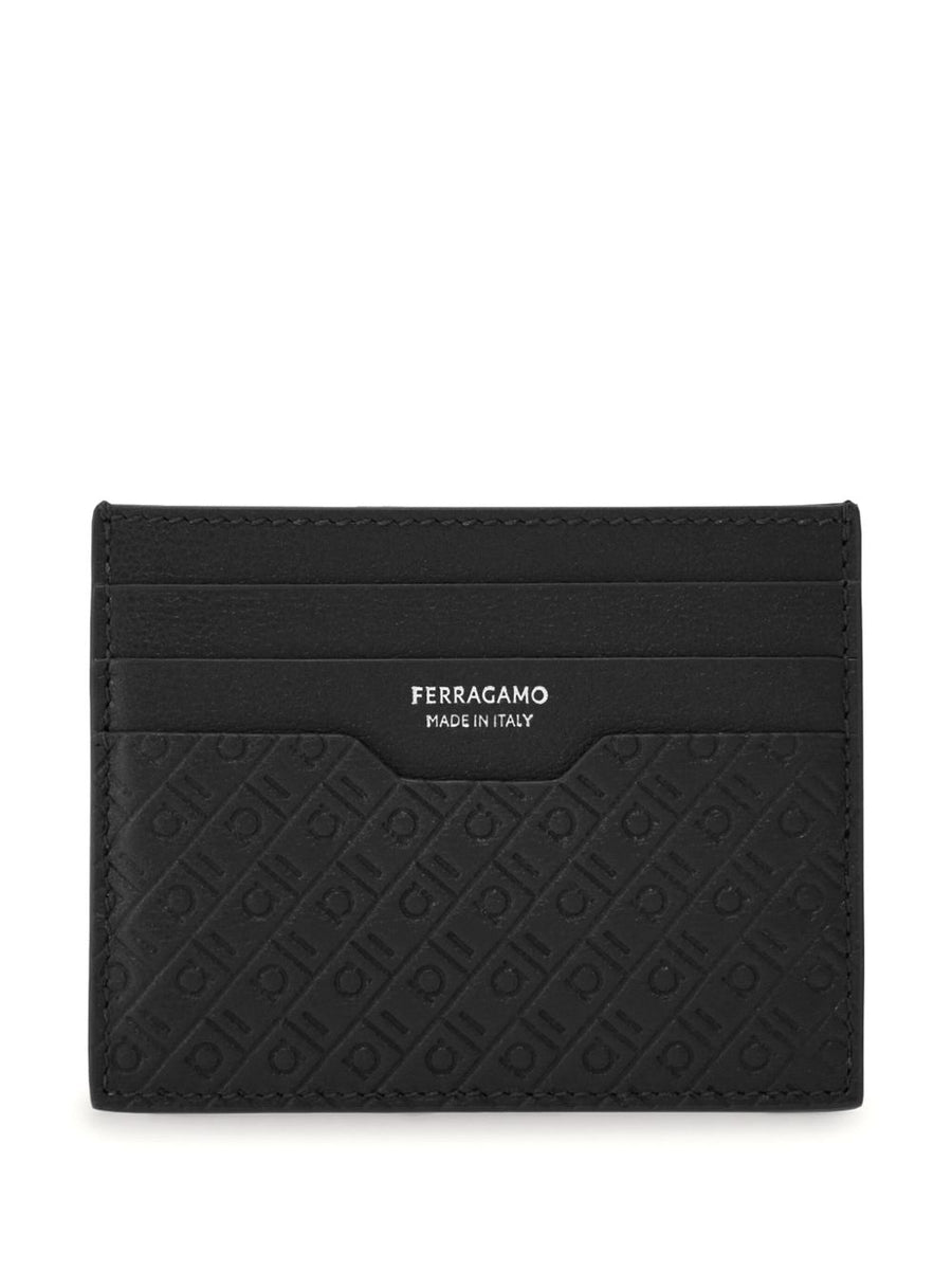 Ferragamo Logo-Embossed Leather Card Case — Black