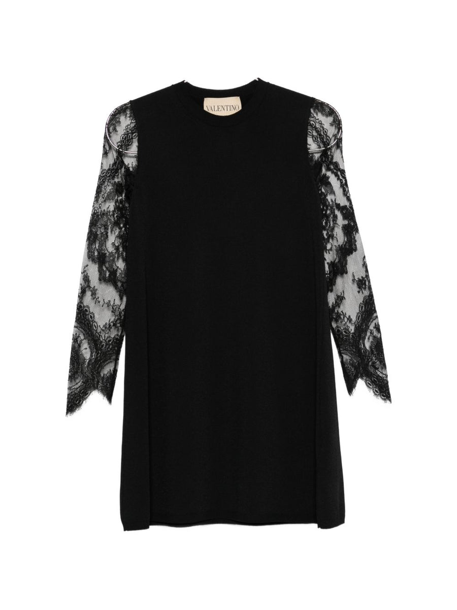 Valentino Lace-Embroidered Long-Sleeve Dress — Black