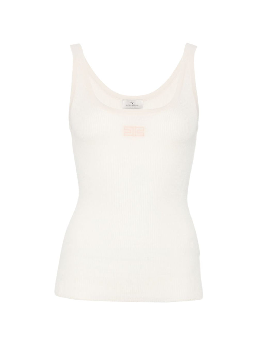 Elisabetta Franchi Ribbed Knit Logo Patch Tank Top — Beige
