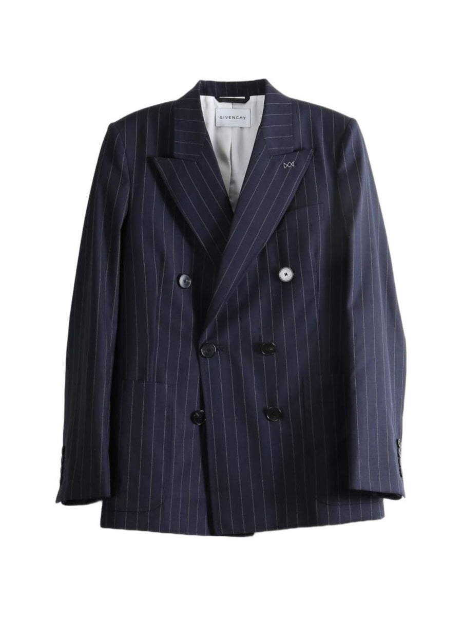 Givenchy Pinstripe Double-Breasted Wool Blazer — Navy