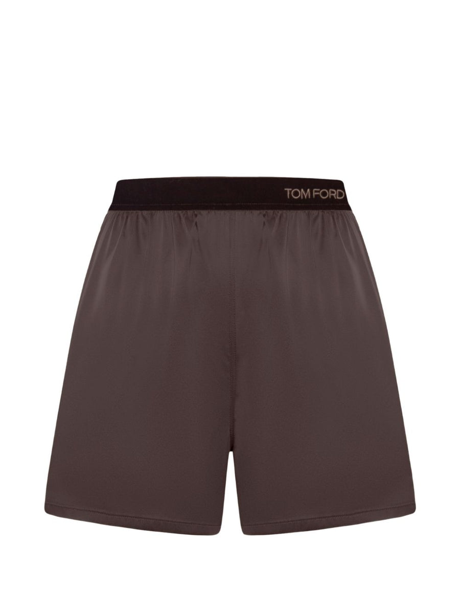 Tom Ford Silk Logo-Waistband Shorts — Brown