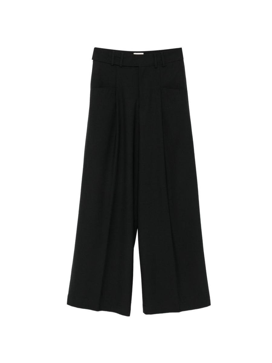 Closed Pleated Wide-Leg Wool Blend Trousers — Black