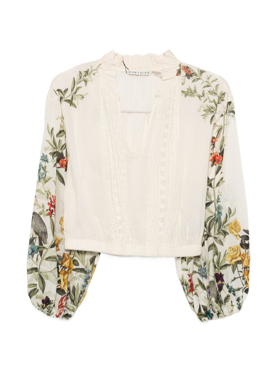 Alice + Olivia Floral-Print Lace-Trim Blouse — Off-white