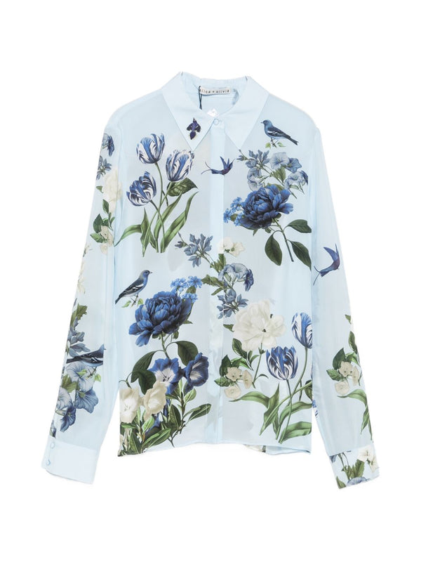 Alice + Olivia وشاح بنقش الزهور ورسوم الطيور بلوزة — أزرق فاتح