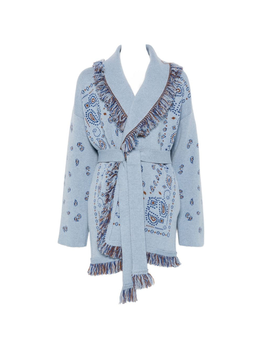Alanui Paisley Intarsia Cashmere Cardigan — light blue