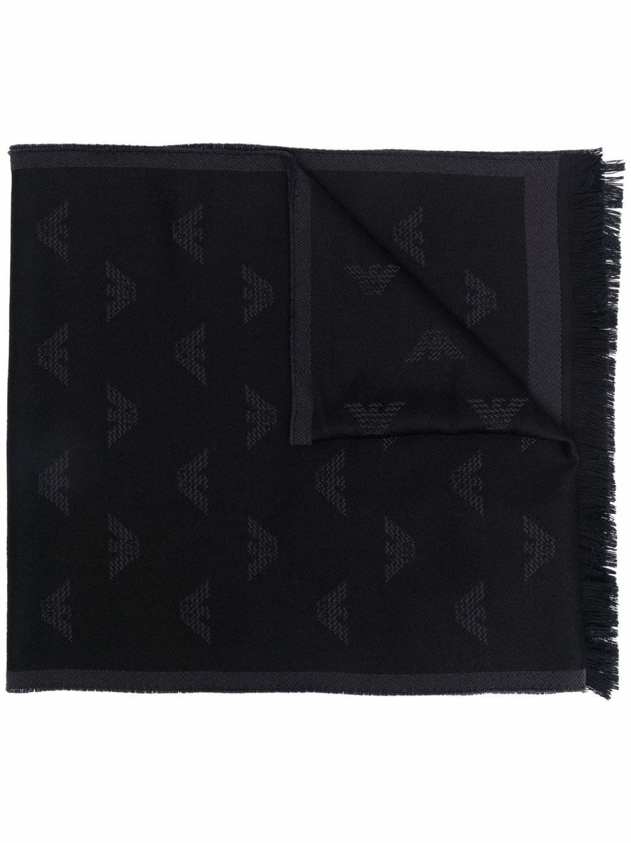 Emporio Armani Embroidered Logo Wool Scarf — Black