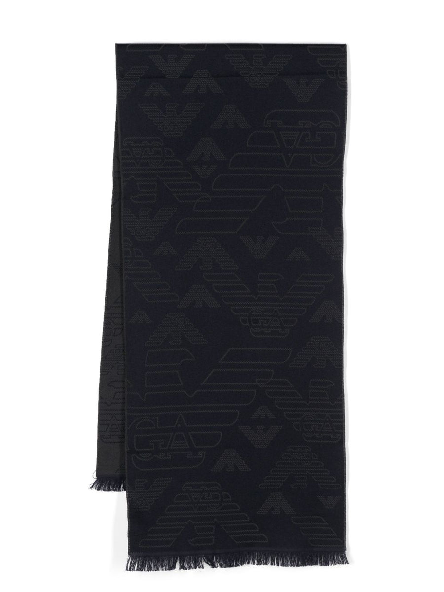 Emporio Armani Wool Jacquard Logo Motif Scarf — Black