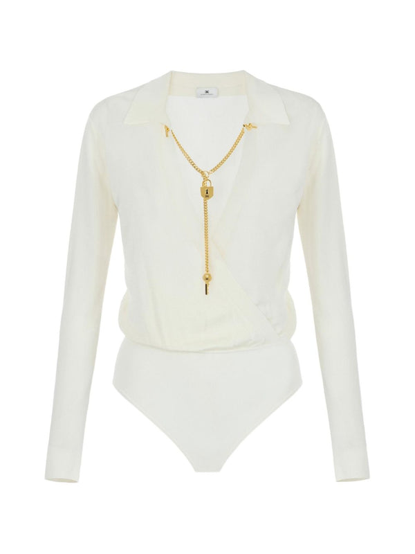 Elisabetta Franchi Gold-Chain Collar Bodysuit — Cream