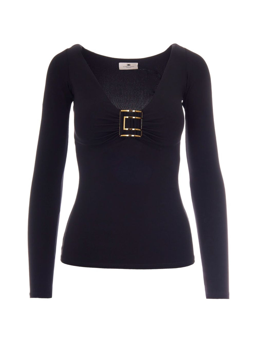 Elisabetta Franchi Logo-Embellished V-Neck Sweater — Black