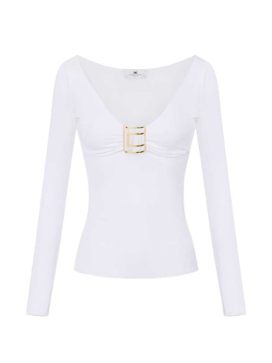 Elisabetta Franchi Gold-Plaque V-Neck Sweater — White