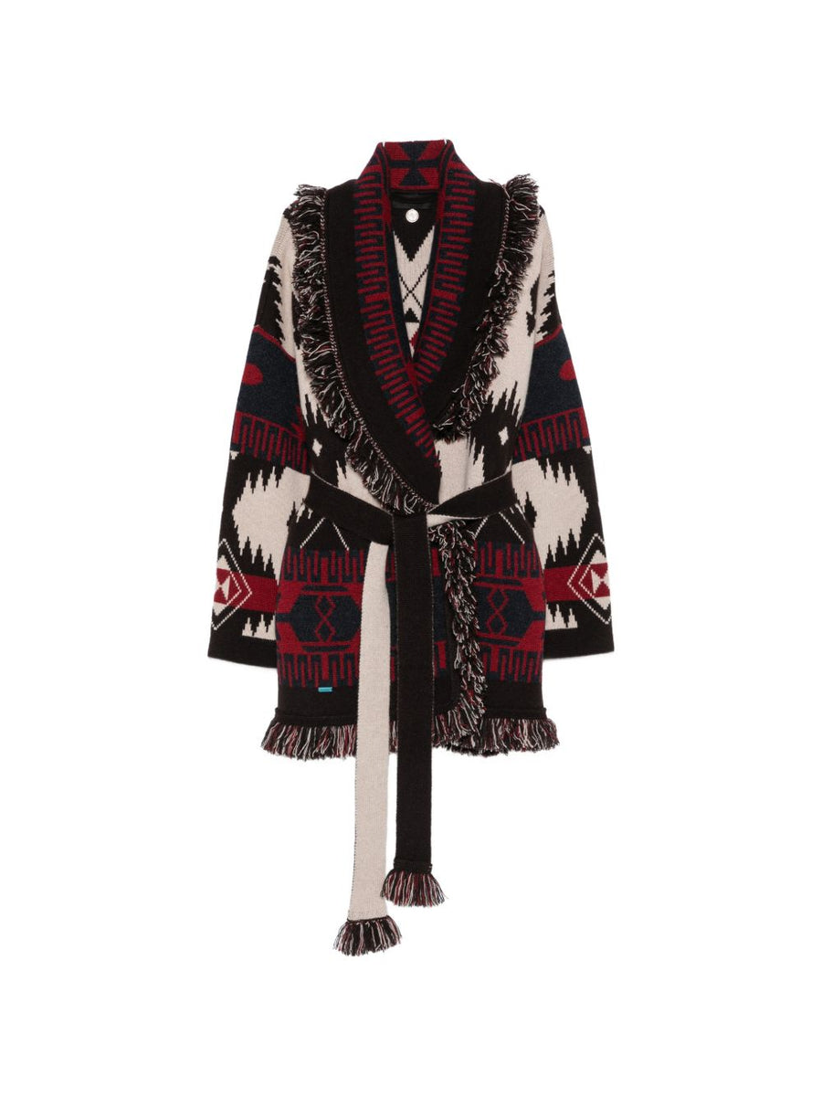 Alanui Cashmere Icon Jacquard with Fringe Trim Cardigan — Red