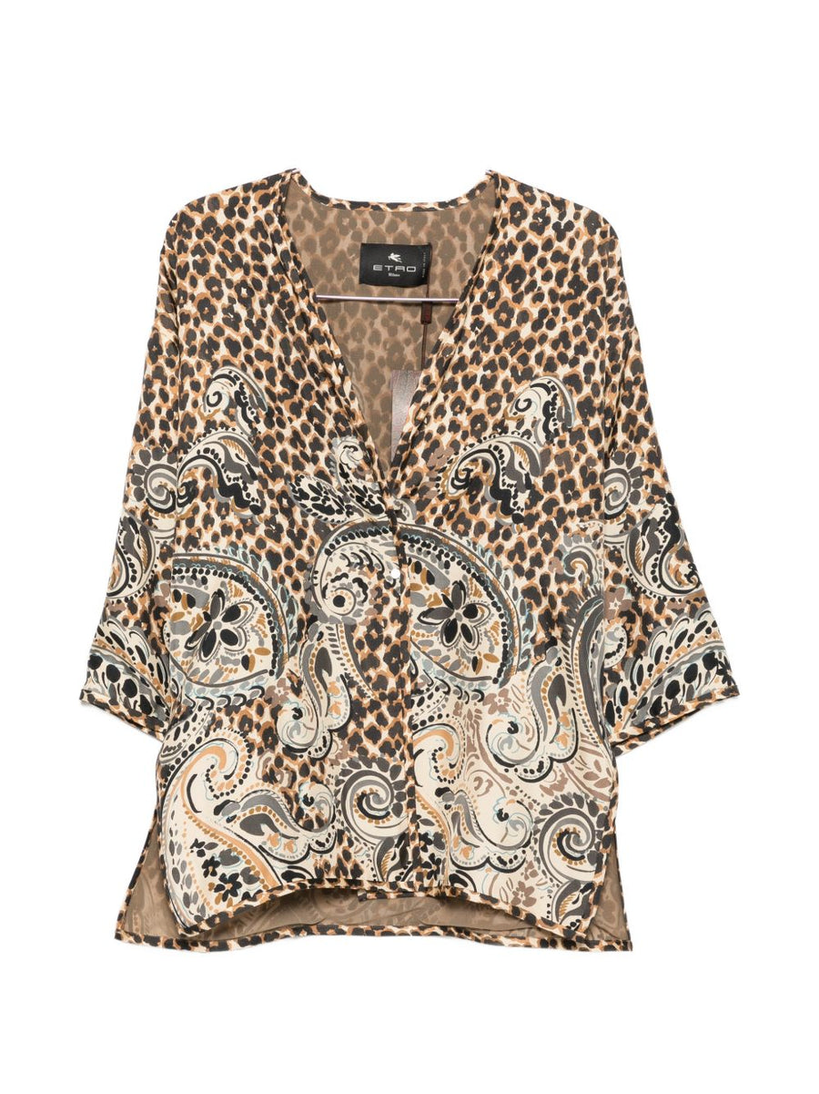 Etro Leopard & Paisley Print Silk Jacket — Brown