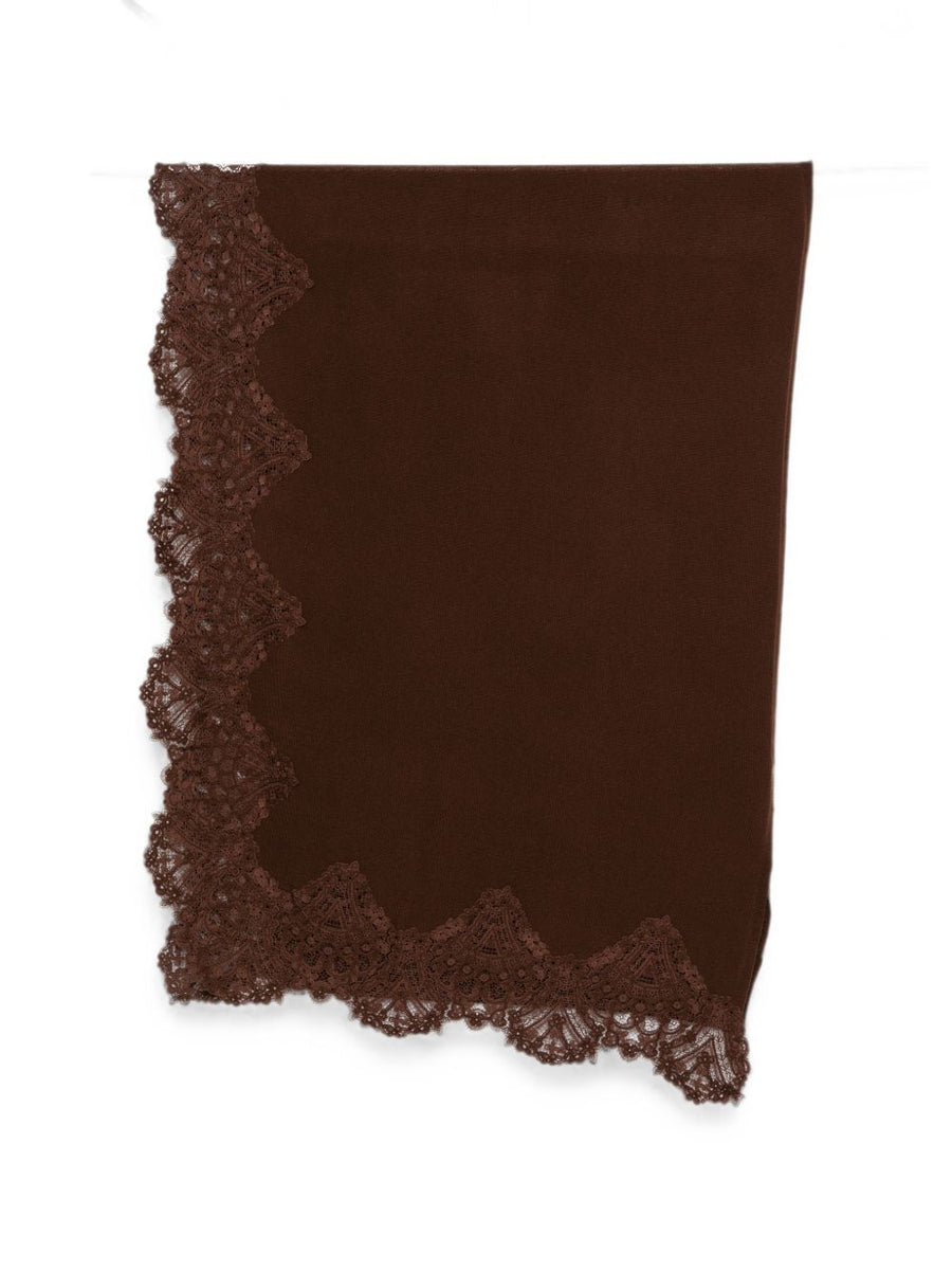 Ermanno Scervino Cashmere with Lace Trim Scarf — Brown