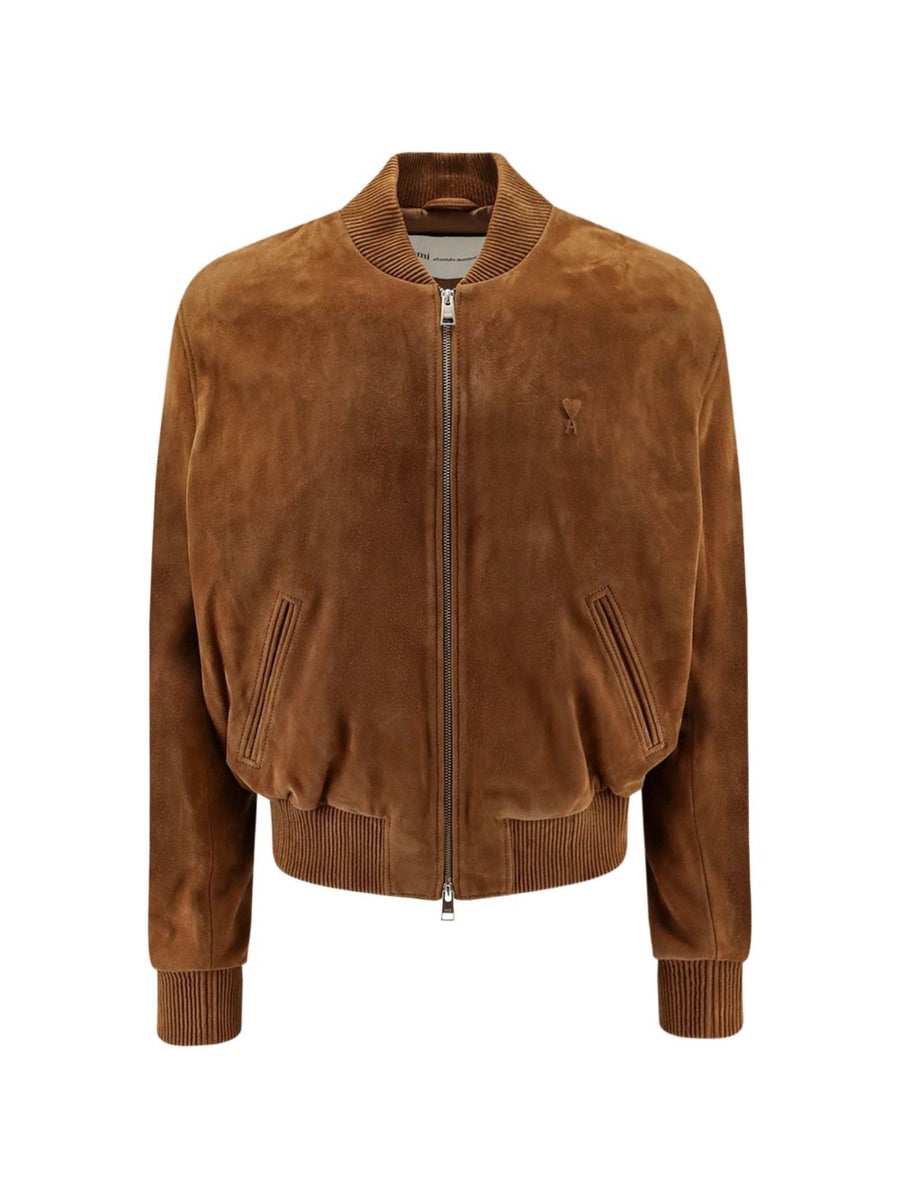 Ami Paris Suede Bomber Jacket — Camel