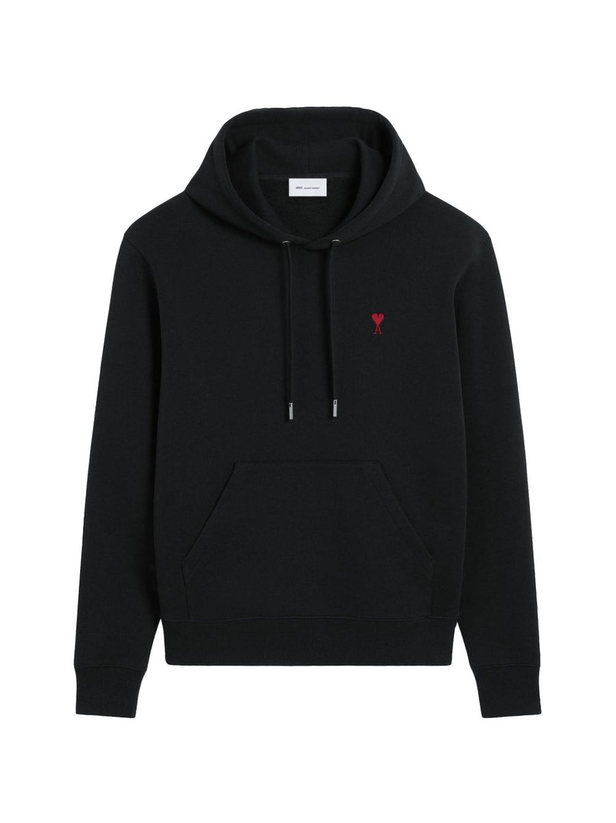 Ami Paris Logo-Embroidered Cotton Hoodie — Black