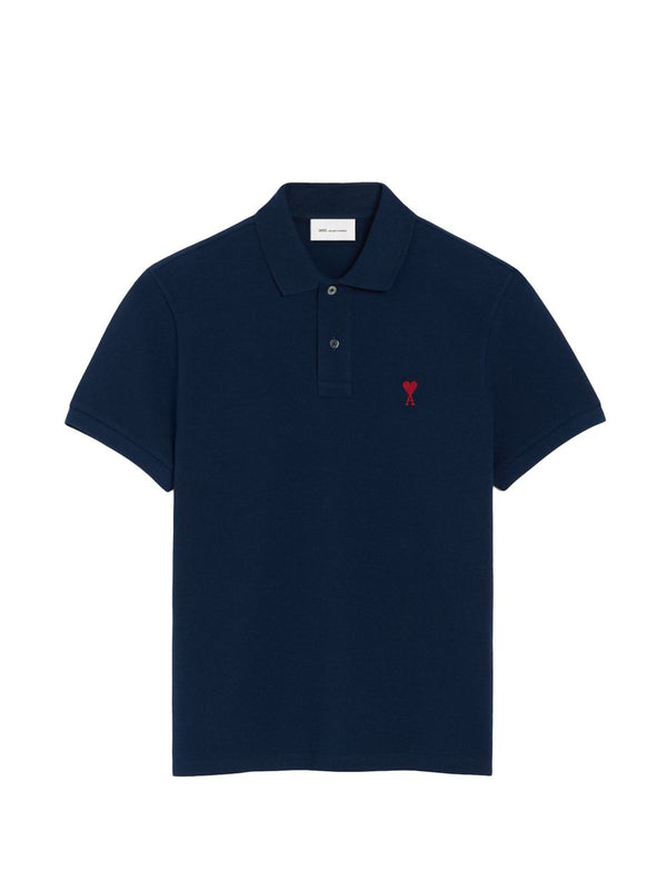 Ami Paris Heart-Embroidered Cotton Polo — Navy