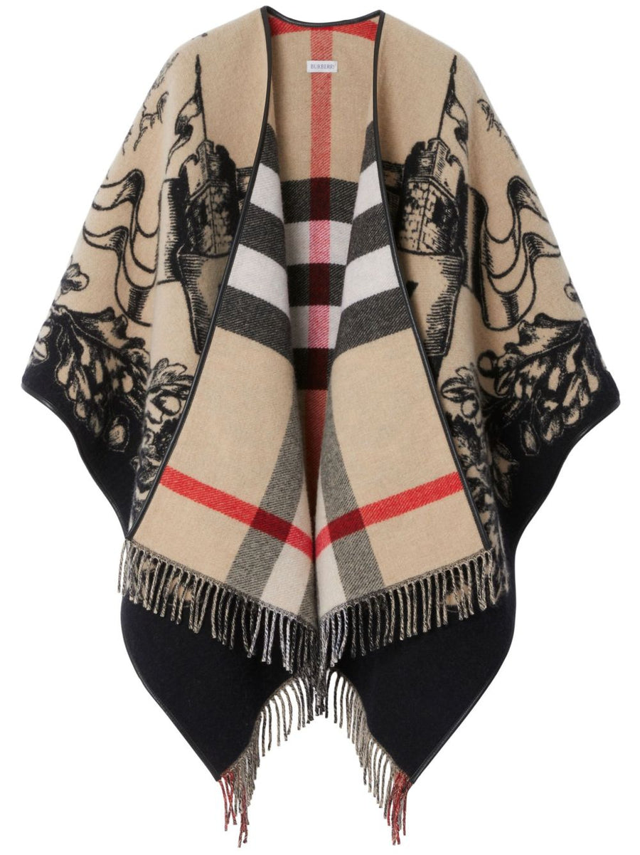 Burberry Equestrian Knight Motif Wool Shawl — Beige