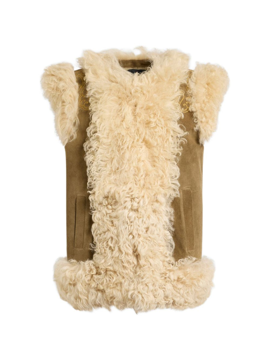 Etro Shearling with Peacock Embroidery Waistcoat — Beige