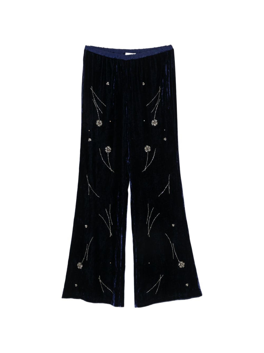 Forte Forte Crystal-Embellished Velvet Trousers — Navy