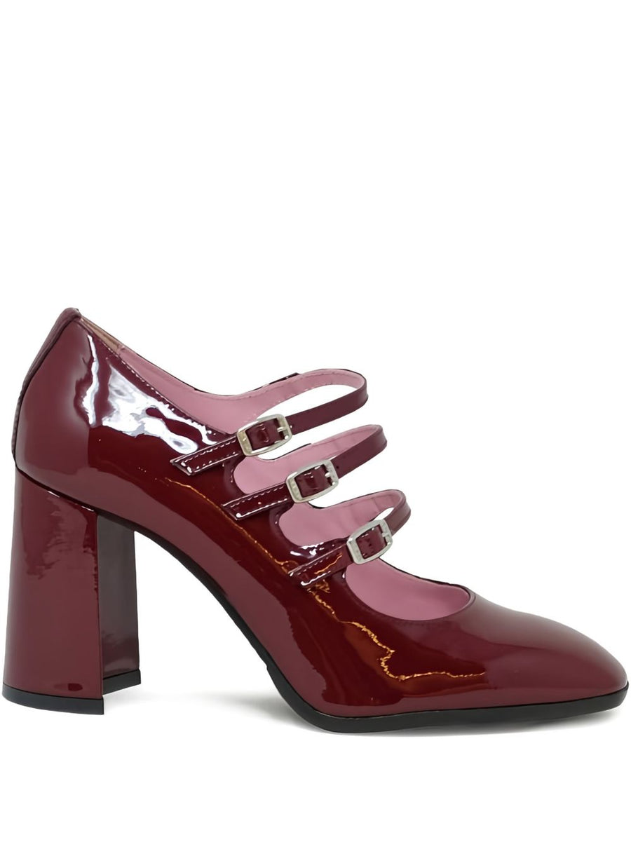 Carel Paris Triple Buckle Patent Leather Heel — Burgundy