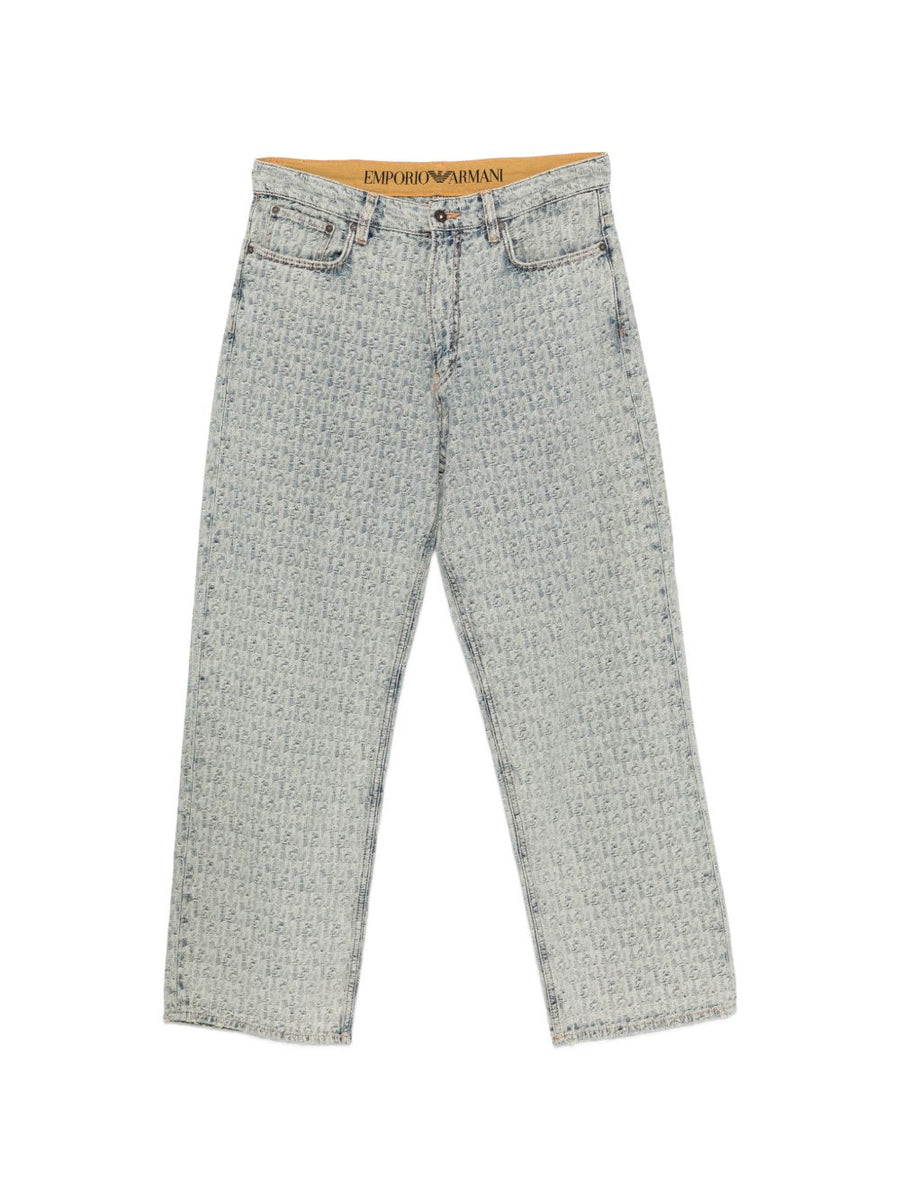 Emporio Armani Monogram-Pattern Cotton Jeans — Light Blue
