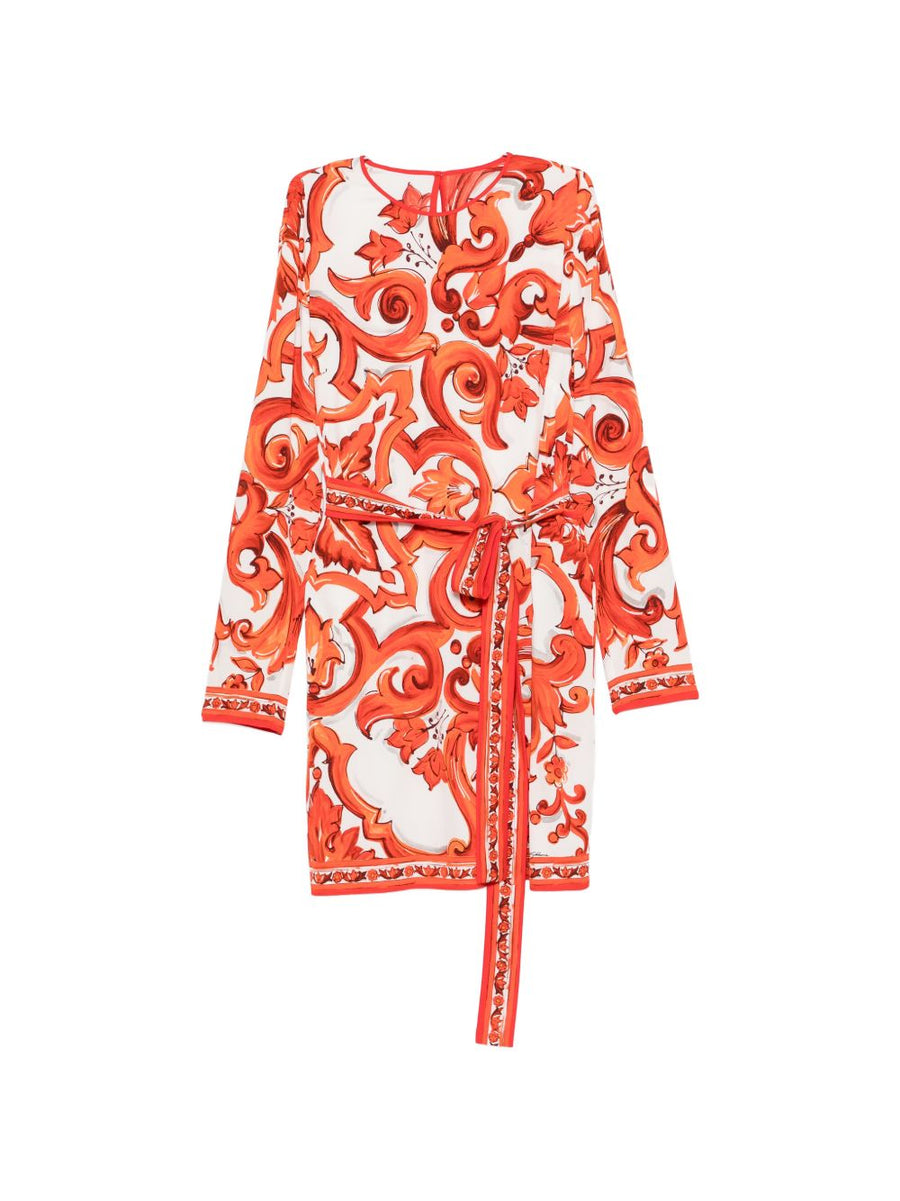 Dolce & Gabbana Baroque-Print Silk Dress — Orange