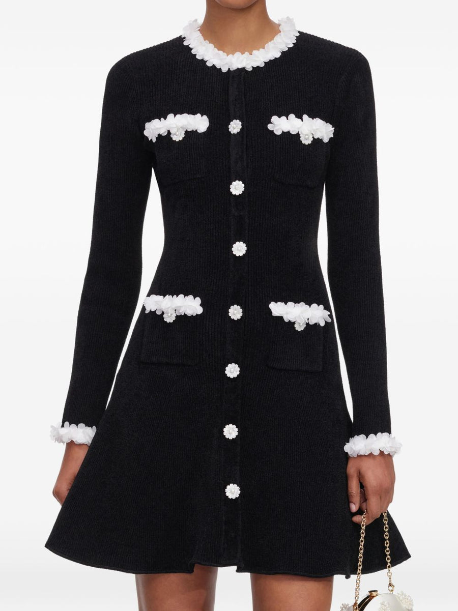 Self-Portrait Ruffled Trim Knit Dress — Black