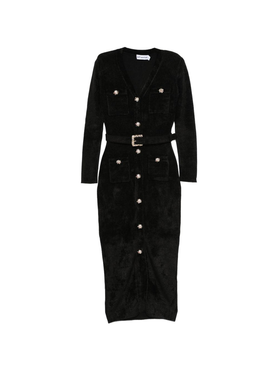 Self-Portrait Jewel-Button Velvet Dress — Black
