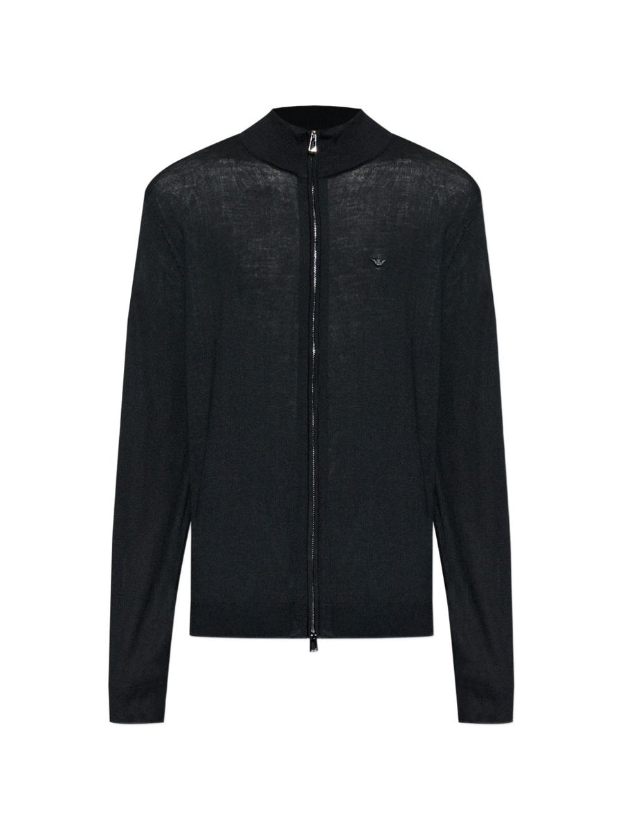 Emporio Armani Logo-Embroidered Wool Cardigan — Black