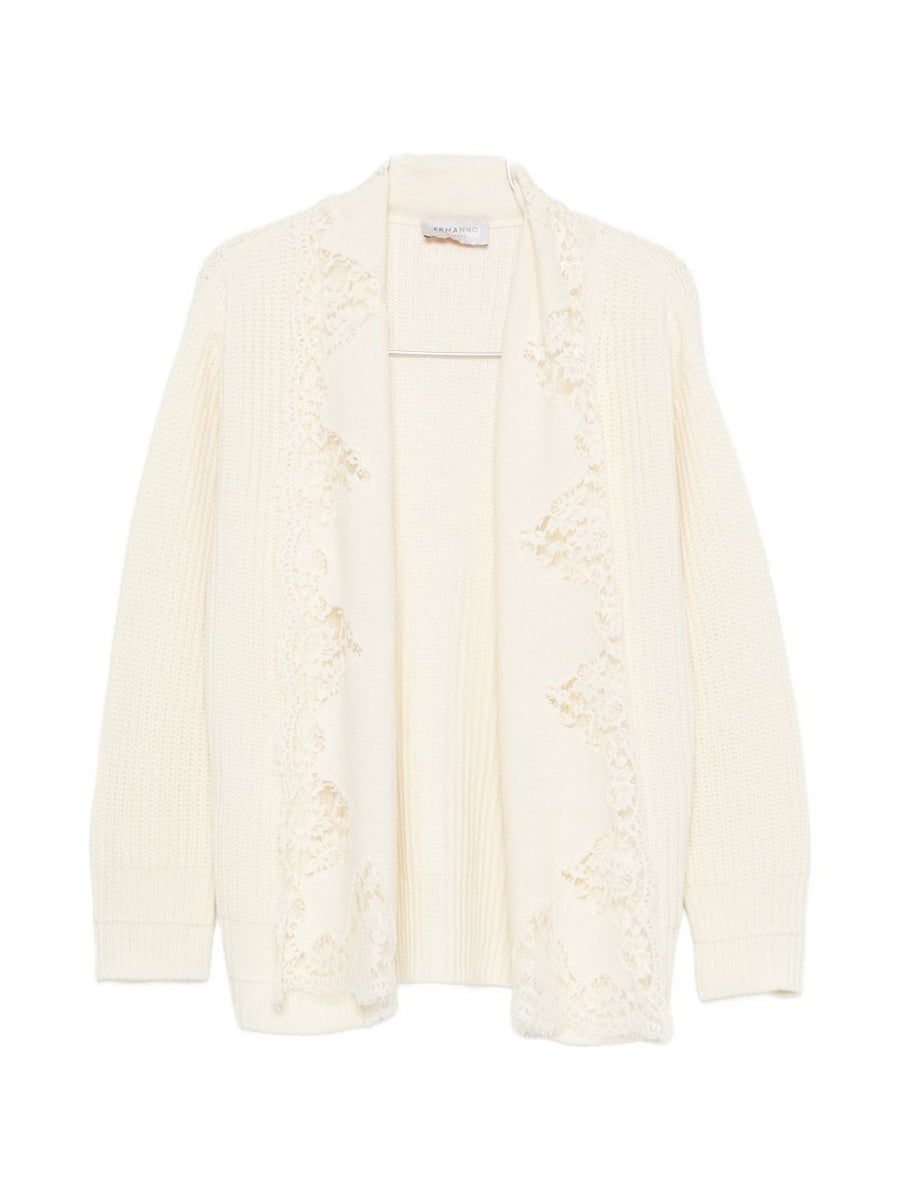Ermanno Firenze Lace-Trim Ribbed Cardigan — White