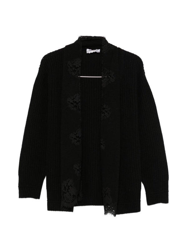 Ermanno Firenze Lace-Paneled Ribbed Cardigan — Black