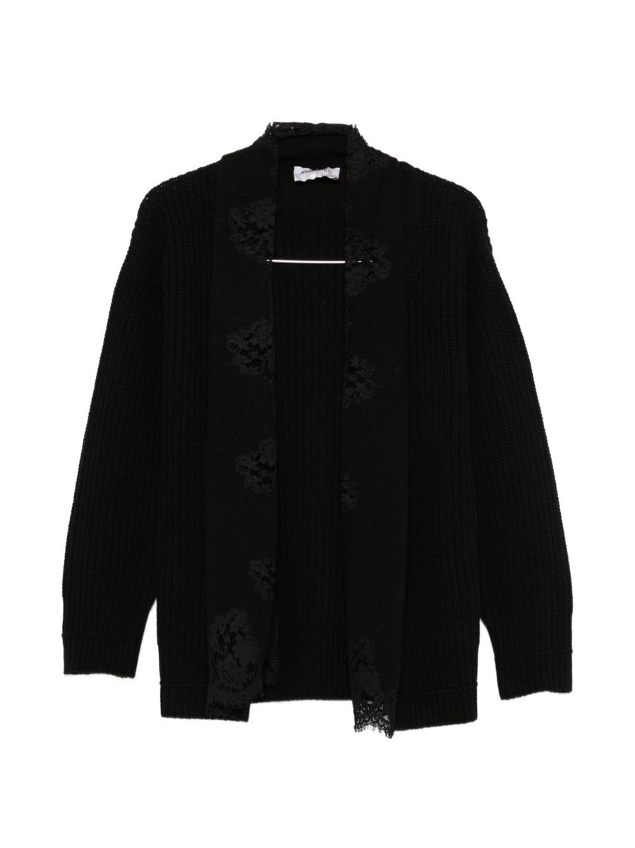 Ermanno Firenze Lace-Paneled Ribbed Cardigan — Black