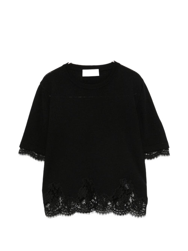 Ermanno Firenze Lace-Trim Wool Knit Sweater — black