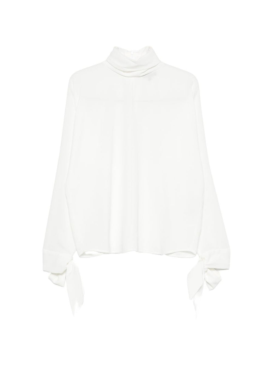Emporio Armani High-Neck Crepe with Bow-Tie Cuffs Blouse — White