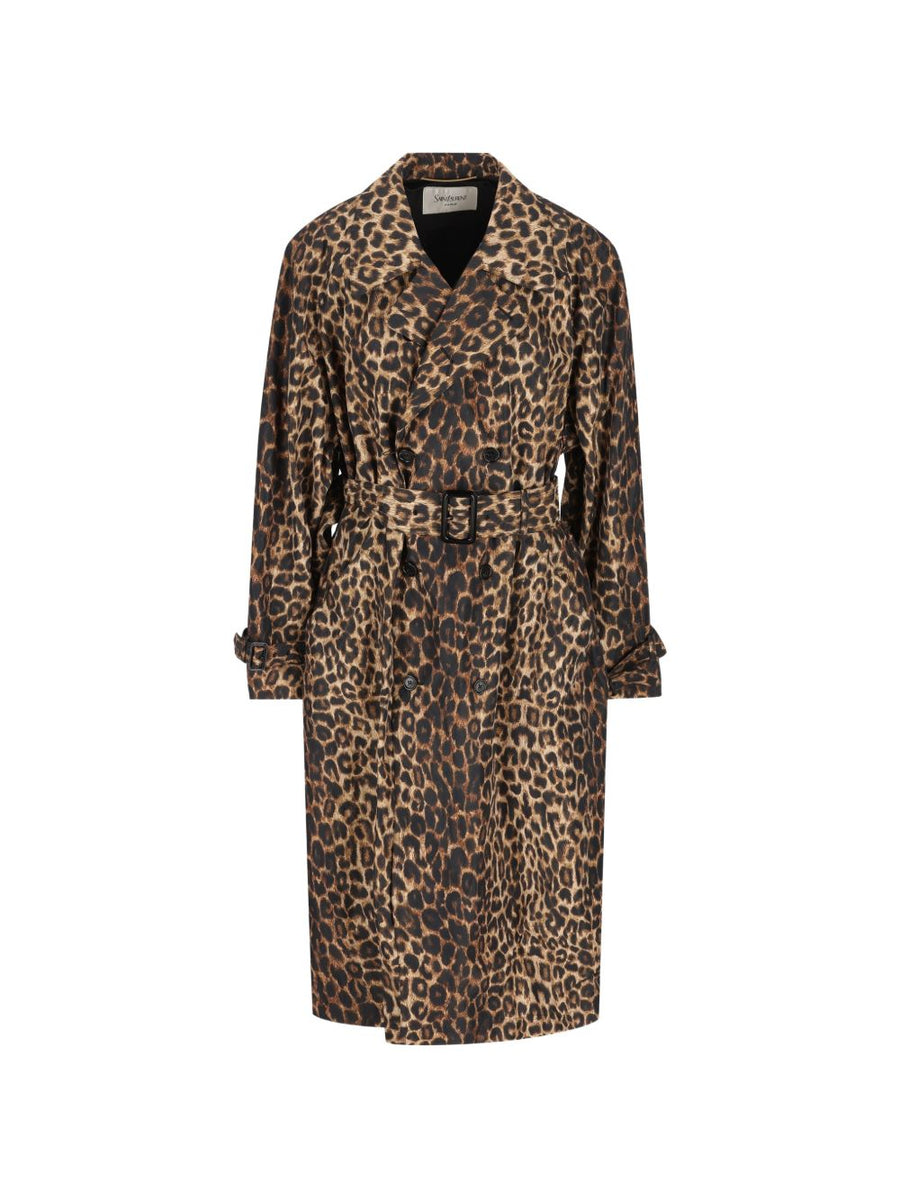 Saint Laurent Leopard-Print Nylon Trench Coat — Brown